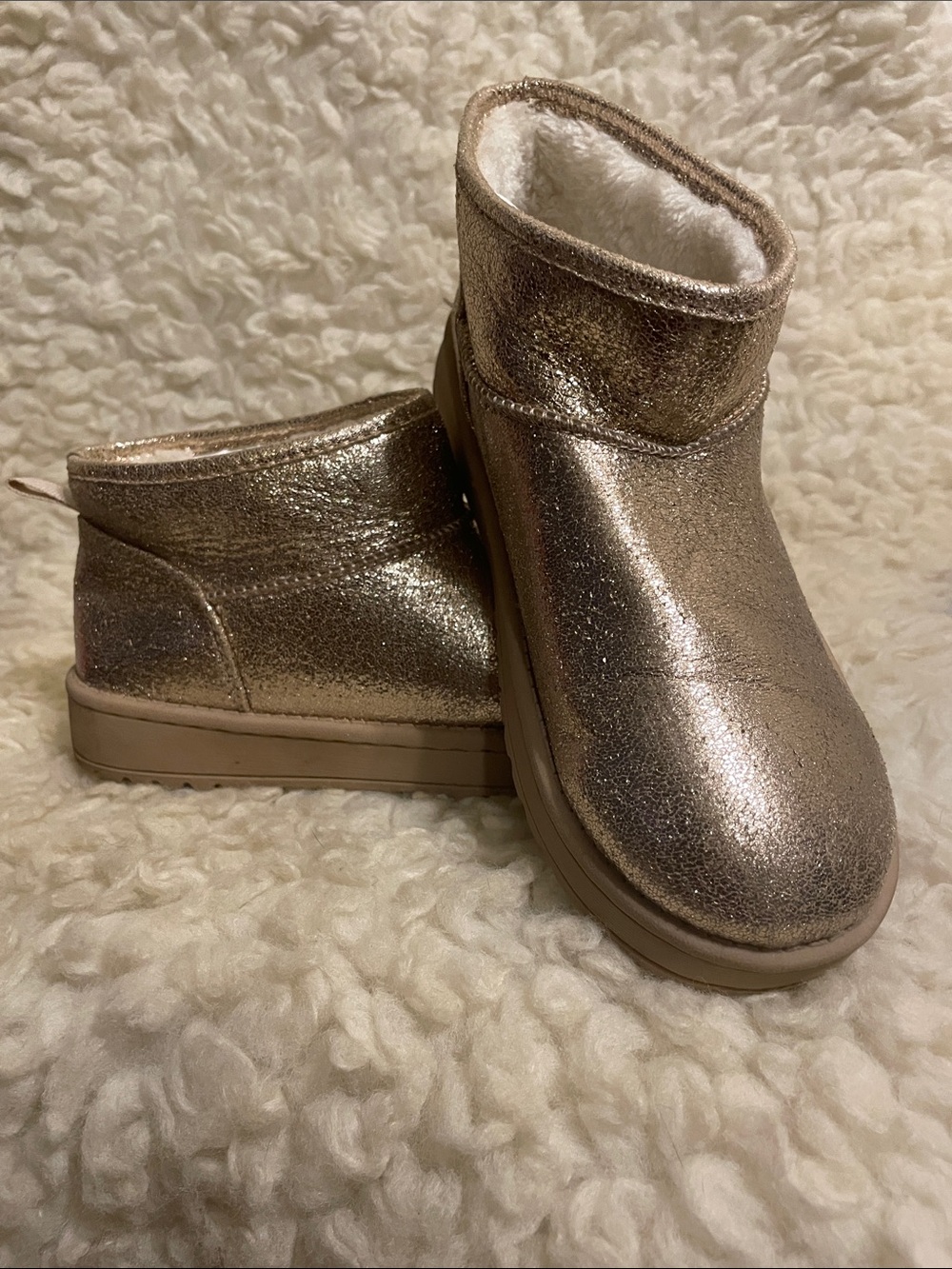 Kids Metallic Rose Gold Faux-Fur Lined Booties Women Size 6-6.5